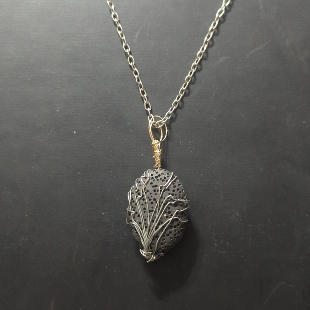 Silver Tone Wire Wrapped Black Pumice Lava Stone Pendant Statement Necklace